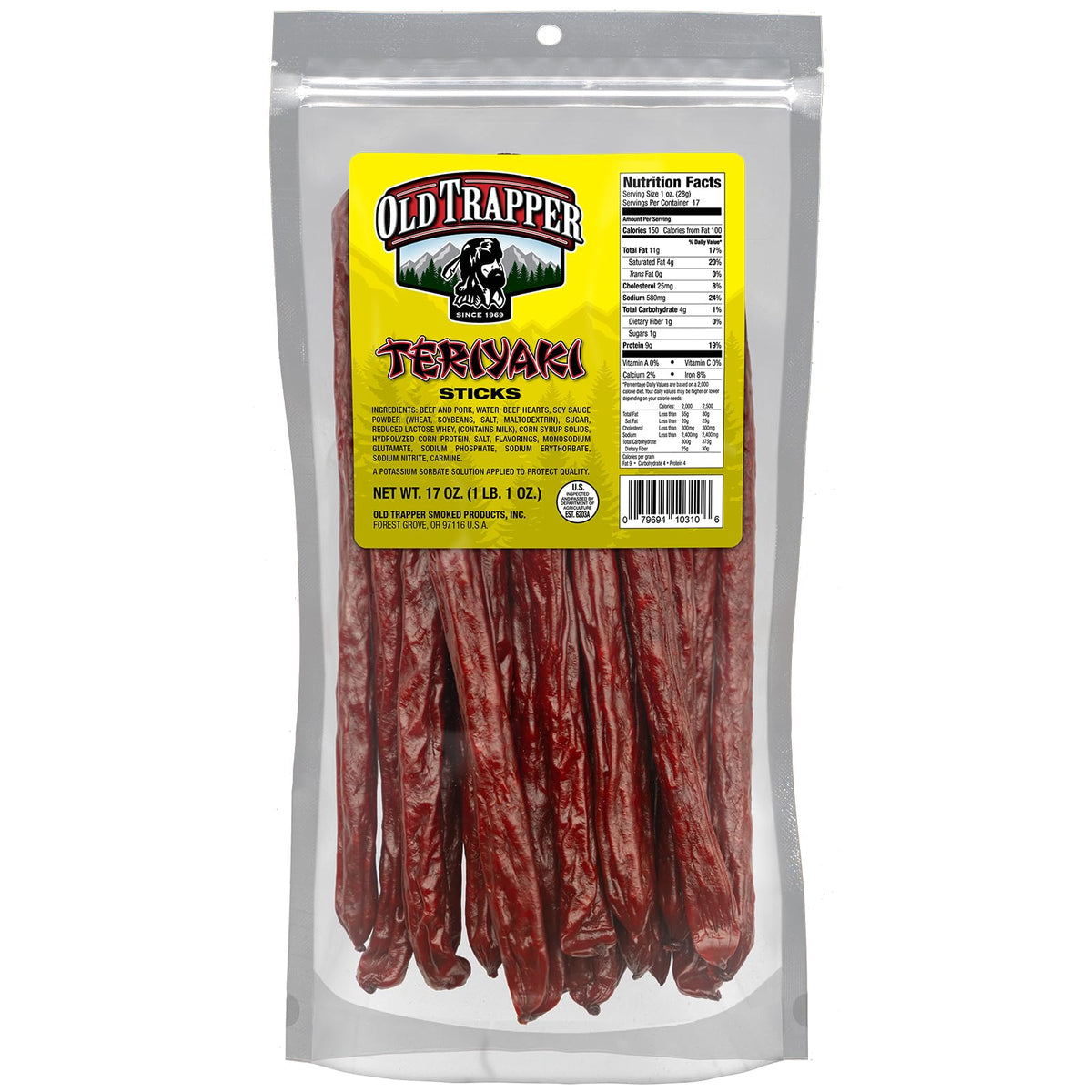 Old Trapper Teriyaki Snack Sticks in a resealable 17-ounce bag for on-the-go protein