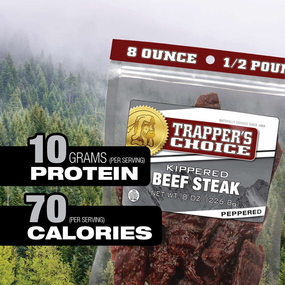 Old Trapper Peppered Kippered Steak with visible black peppercorns adds a bold, aromatic kick.