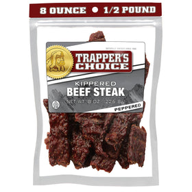 Old Trapper Trapper's Choice Peppered Kippered Steak shown in clear packaging highlights quality beef for quick snacking.