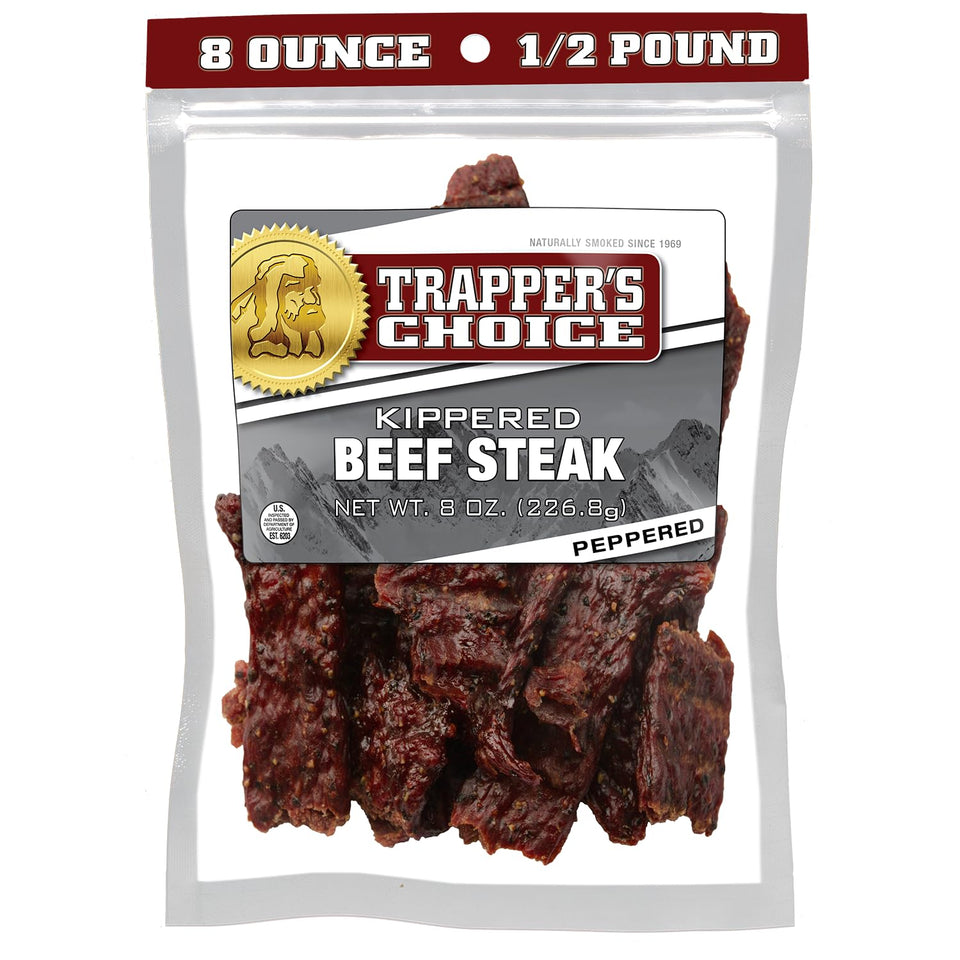 Old Trapper Trapper's Choice Peppered Kippered Steak shown in clear packaging highlights quality beef for quick snacking.