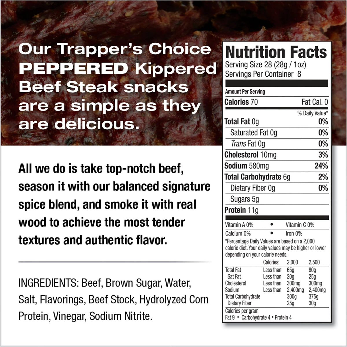 Old Trapper Trapper's Choice Peppered Kippered Steak thin-sliced portions enable easy portions on the go.