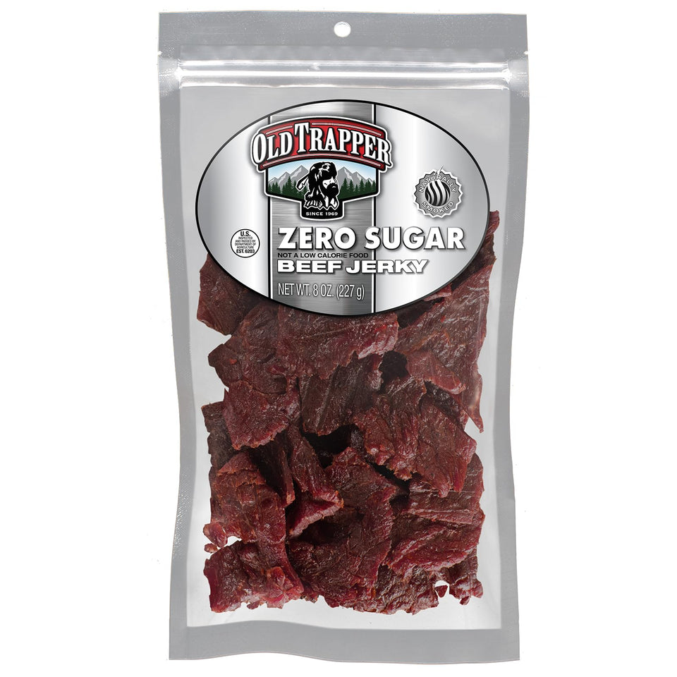 Old Trapper Zero Sugar Beef Jerky eight-ounce package for on-the-go protein