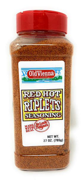 Old Vienna Red Hot Riplets Seasoning bottle front view showing bold, smoky heat ready to season meals.