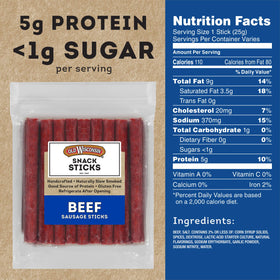 Old Wisconsin beef sausage sticks close-up showing premium texture and real meat.
