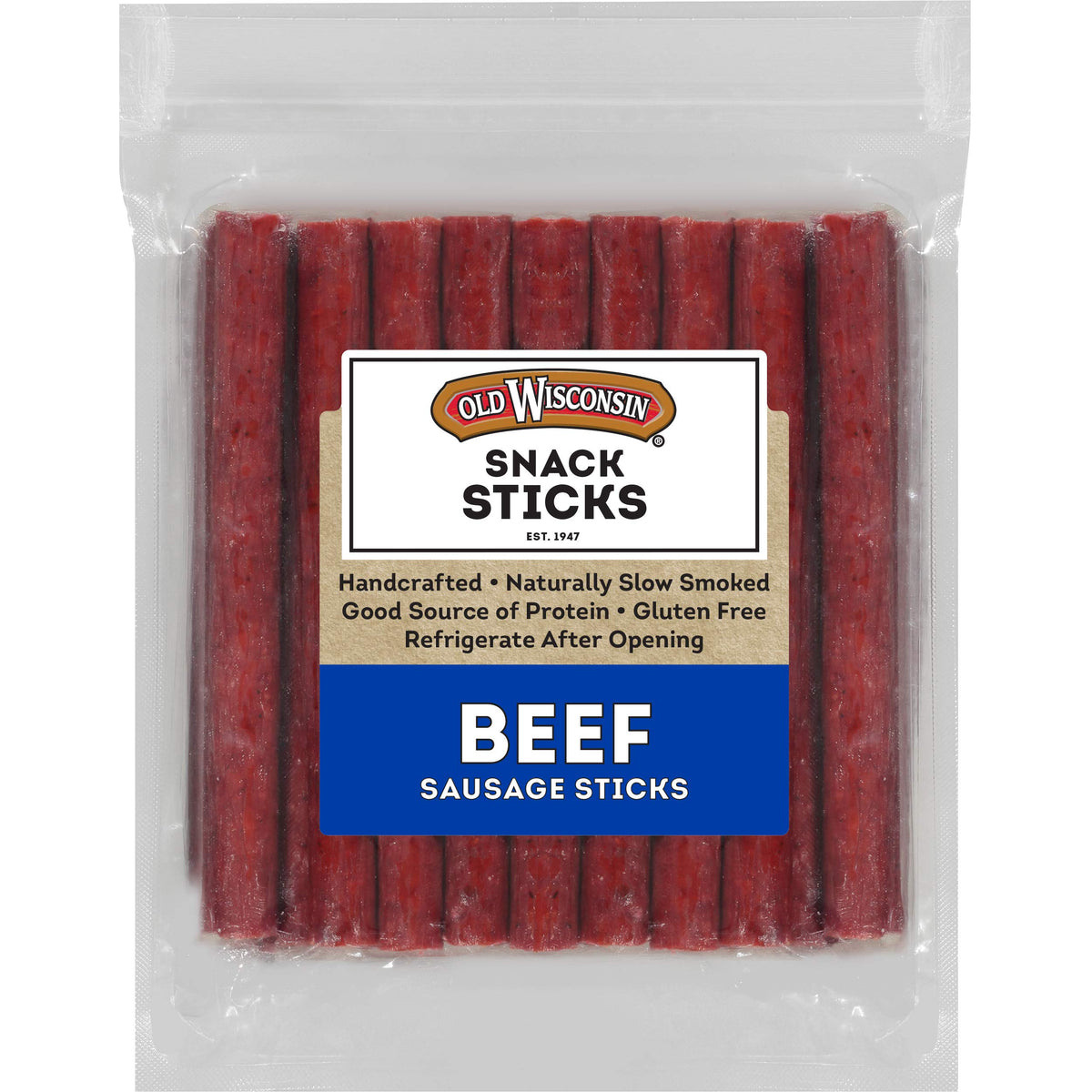 Old Wisconsin beef sausage snack sticks pack resealable for convenient on-the-go protein.