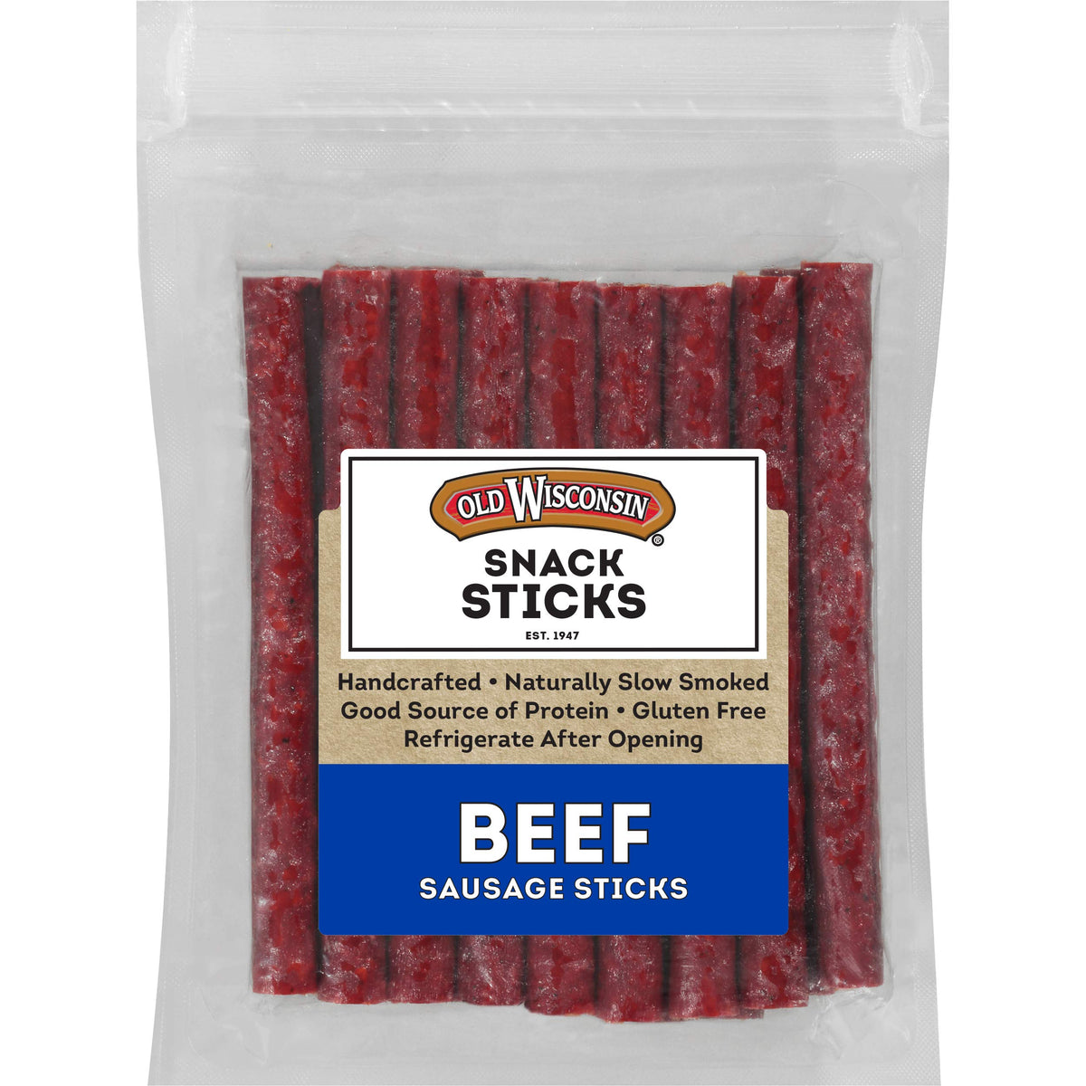 Old Wisconsin Beef Sausage Snack Sticks in resealable package for easy snacking.