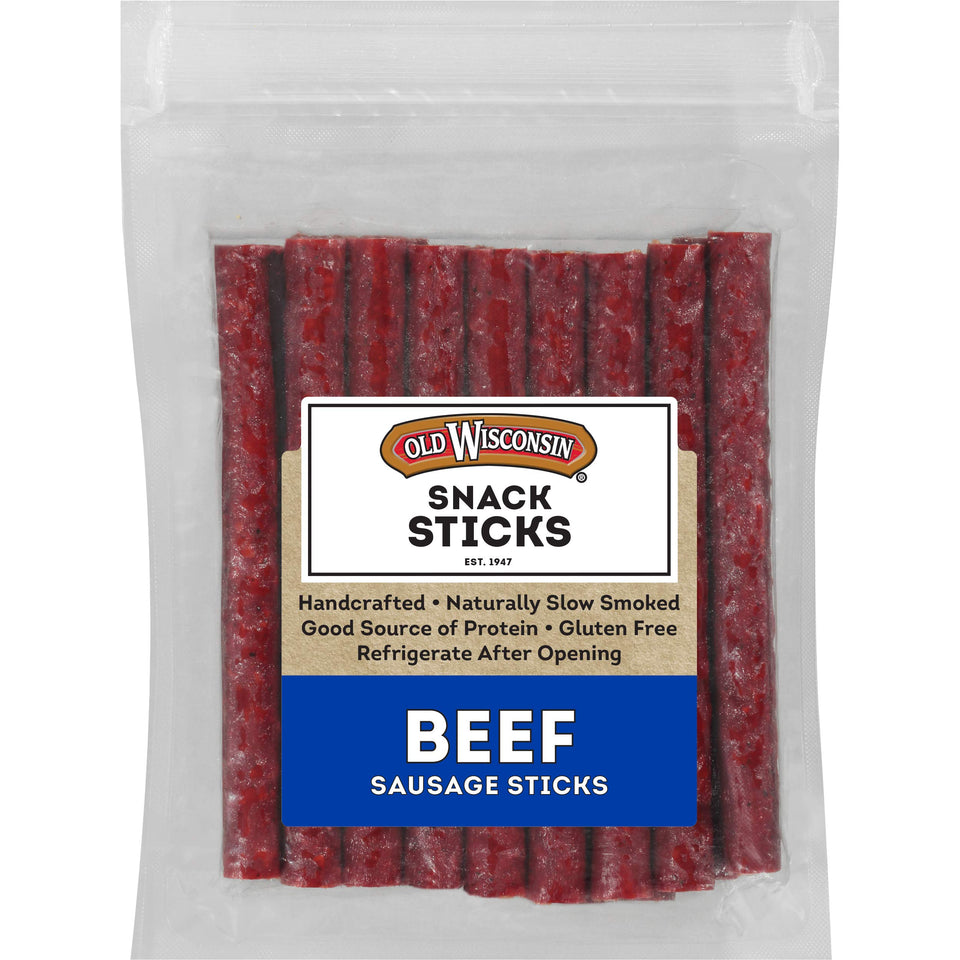 Old Wisconsin Beef Sausage Snack Sticks in resealable package for easy snacking.