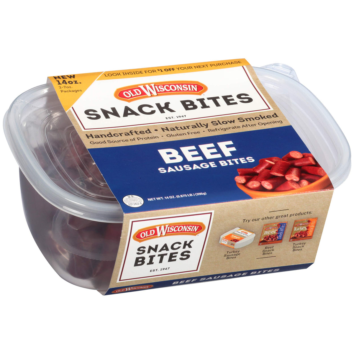 Old Wisconsin Beef Snack Bites tub front shows resealable packaging and hardwood-smoked flavor