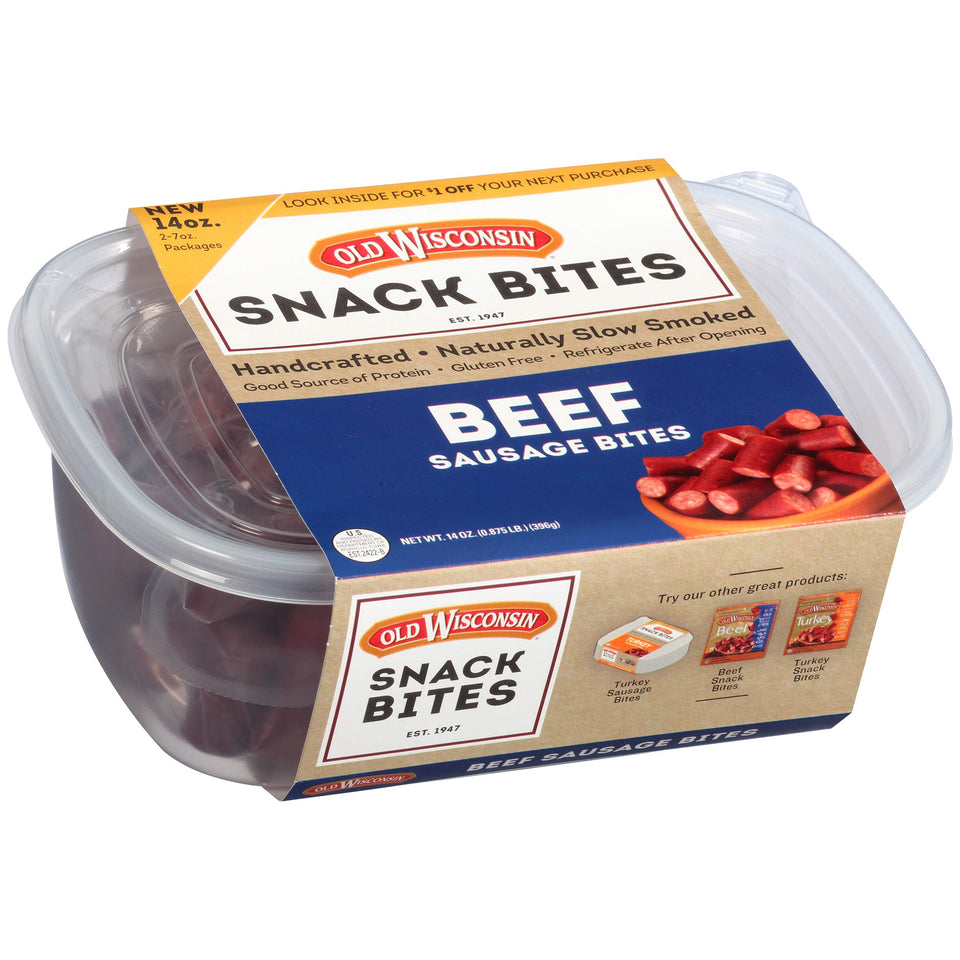 Old Wisconsin Beef Snack Bites tub front shows resealable packaging and hardwood-smoked flavor