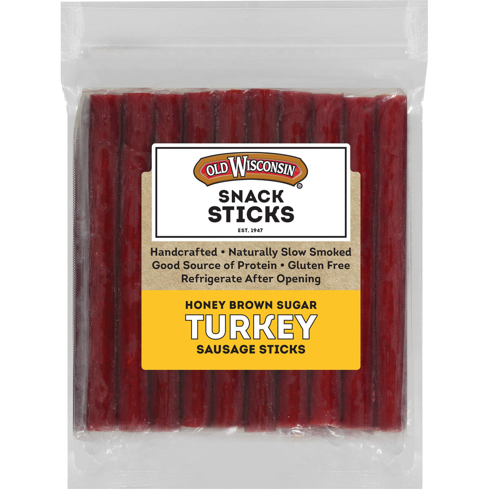 Old Wisconsin Honey Brown Sugar Turkey Sausage Snack Sticks in resealable package for convenient snacking