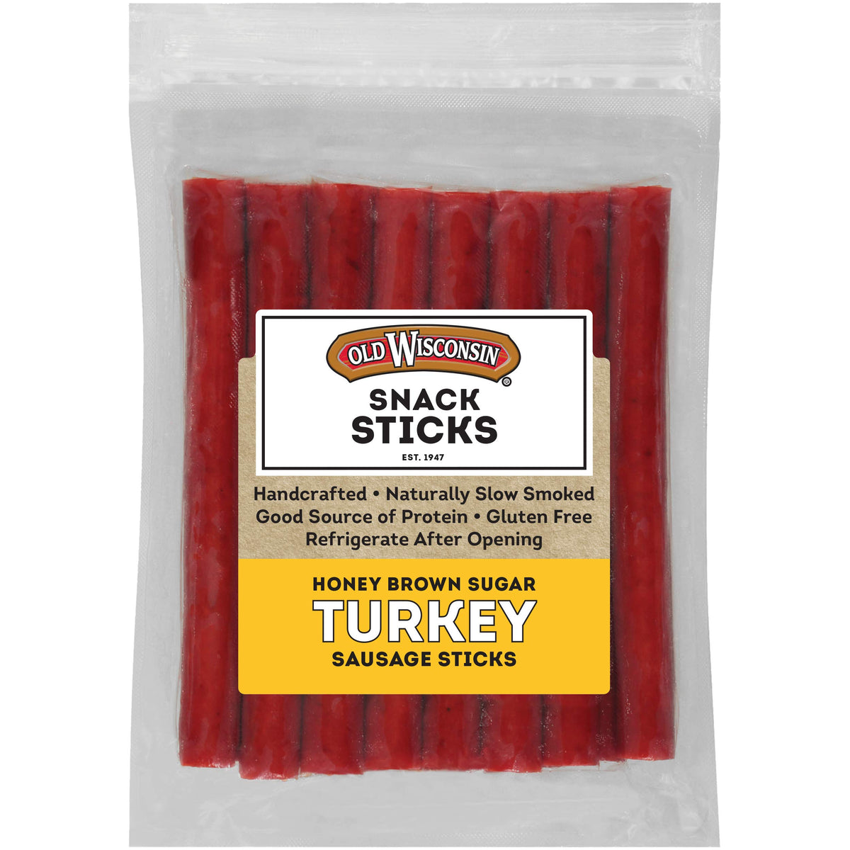 Old Wisconsin Honey Brown Sugar Turkey Snack Sticks package front, premium ready-to-eat snack.