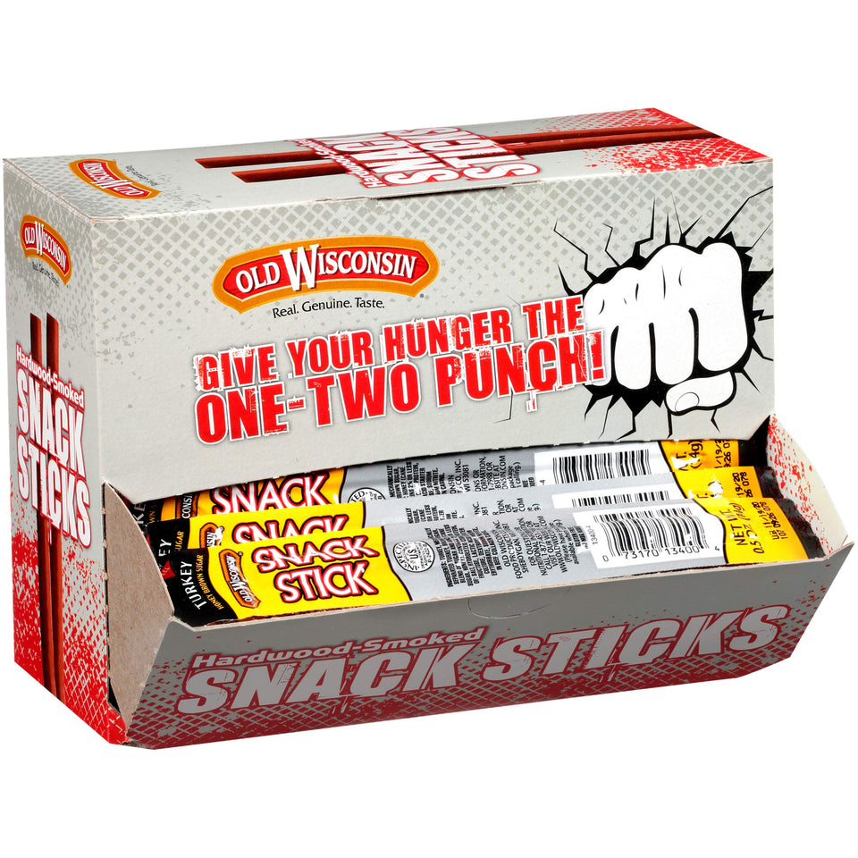 Old Wisconsin Honey Turkey Snack Sticks packaging; bulk 42-count box for on-the-go snacking
