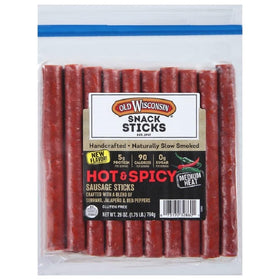 Old Wisconsin Hot Spicy Sausage Sticks in resealable bag for convenient on-the-go protein.
