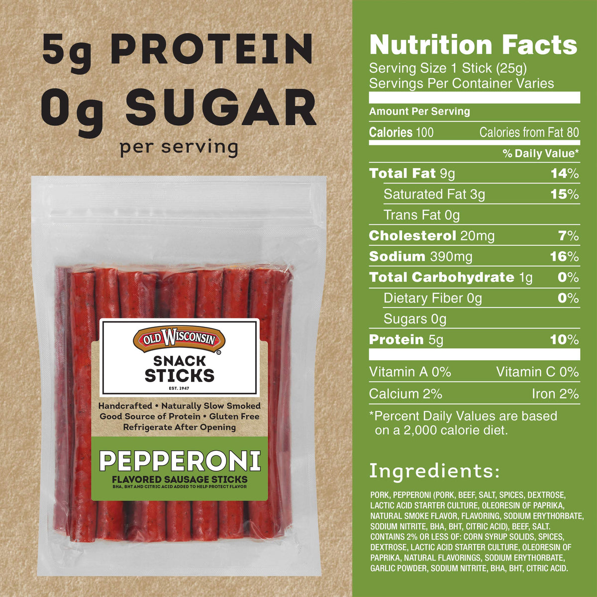 Old Wisconsin pepperoni snack stick close-up showing premium meat and spice blend.