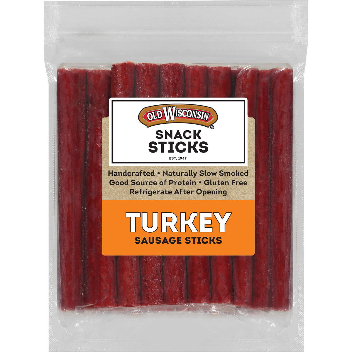 Old Wisconsin Turkey Sausage Snack Sticks pack, ready-to-eat protein on the go.