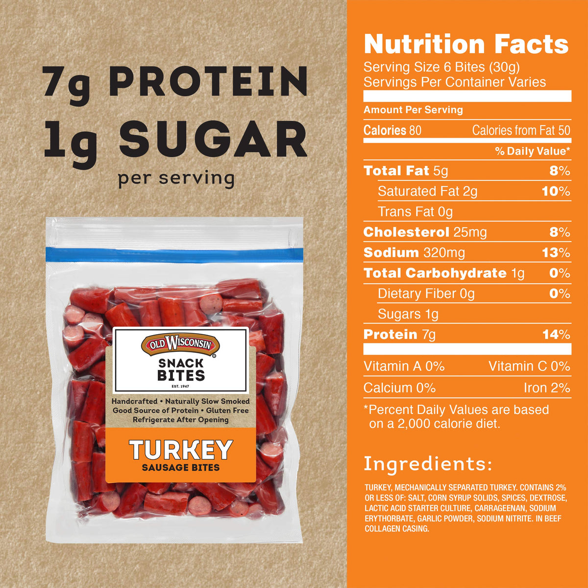Old Wisconsin Turkey Snack Bites seal intact for freshness and portability