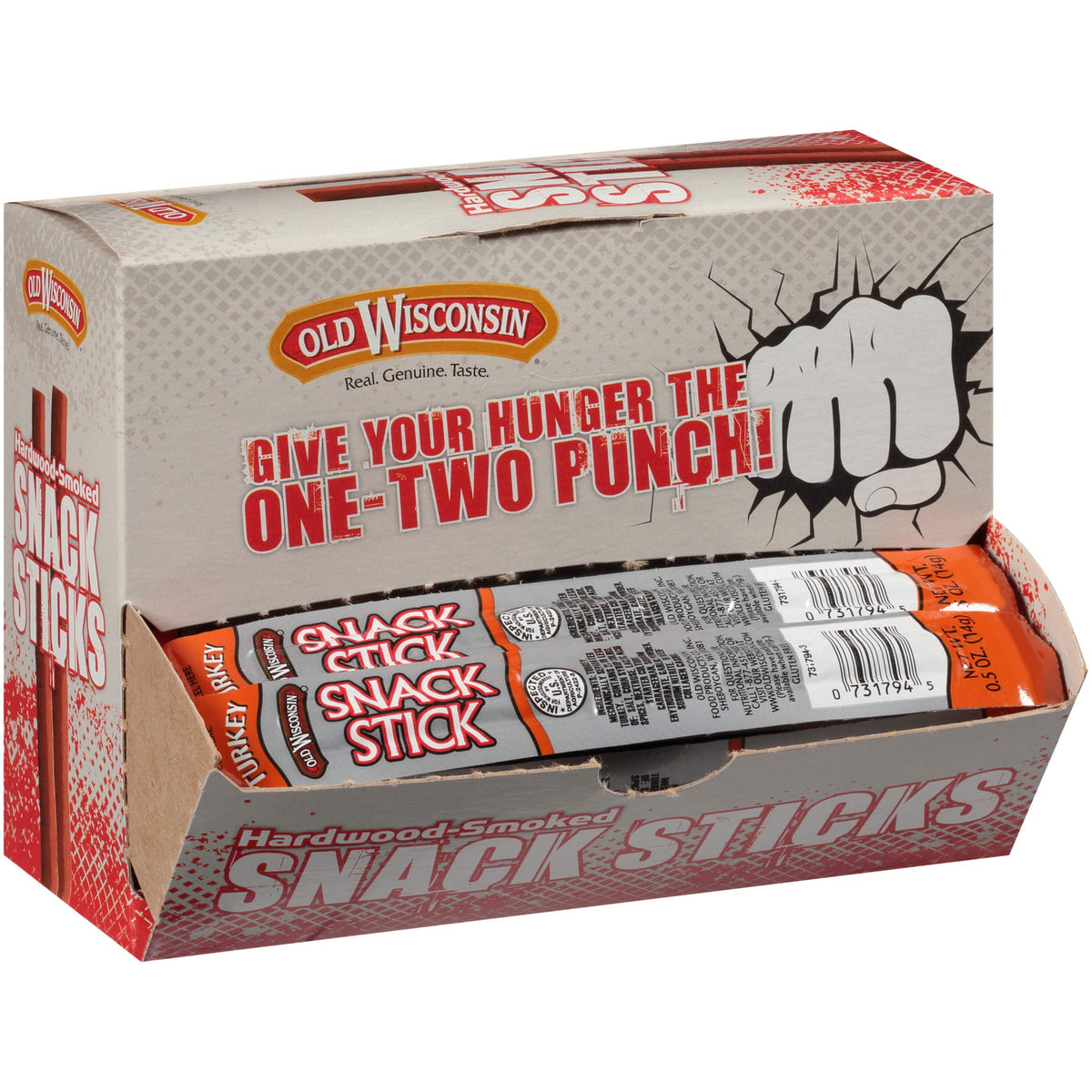 Old Wisconsin Turkey Snack Sticks 42-count box front view, convenient high-protein snack.