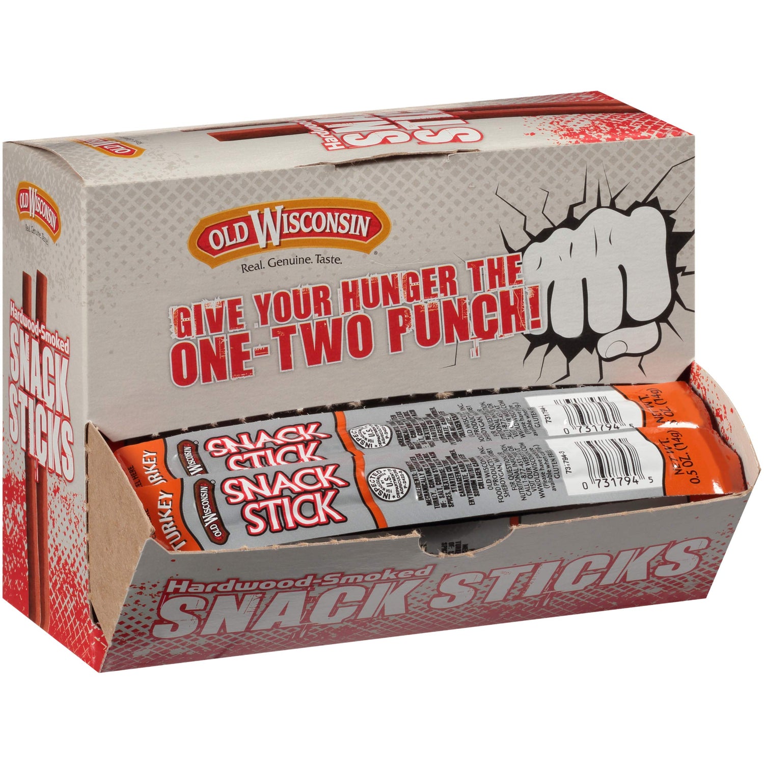 Old Wisconsin Turkey Snack Sticks 42-count box front view, convenient high-protein snack.