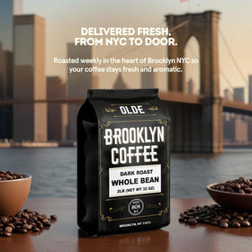 Olde Brooklyn Coffee 2lb bulk bag on a shelf ready for weekly use