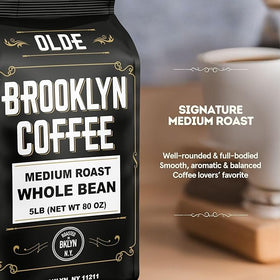 Olde Brooklyn Coffee 5lb bulk bag on kitchen counter for daily grind