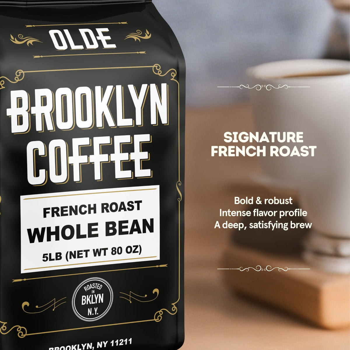 OLDE BROOKLYN COFFEE bag sealed with one-way valve preserves freshness longer.