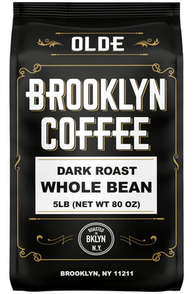 Olde Brooklyn Coffee classic dark roast bag shows bold flavor and freshness.