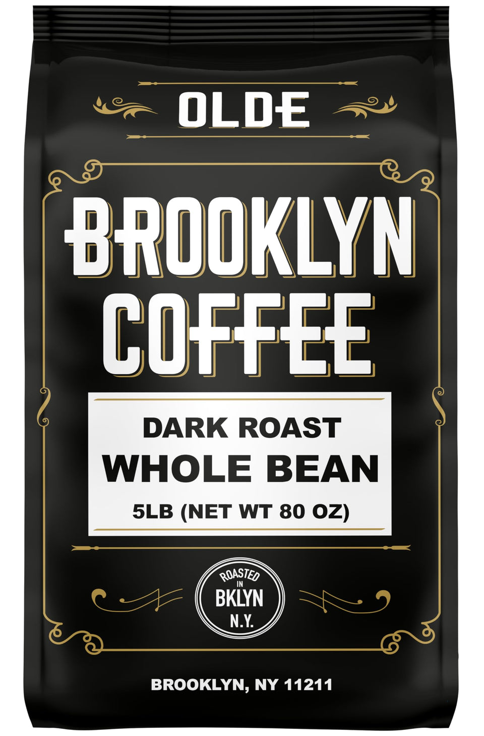 Olde Brooklyn Coffee classic dark roast bag shows bold flavor and freshness.