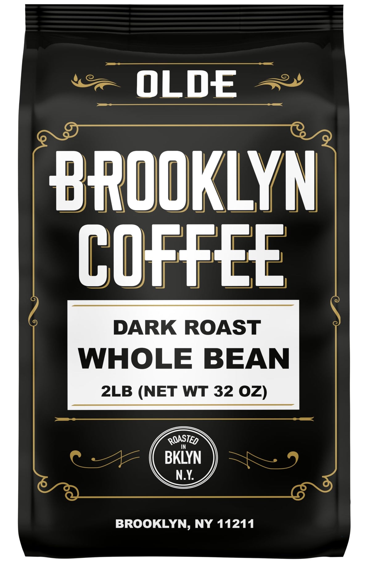 Olde Brooklyn Coffee dark roast whole bean 2lb bag with rich aroma