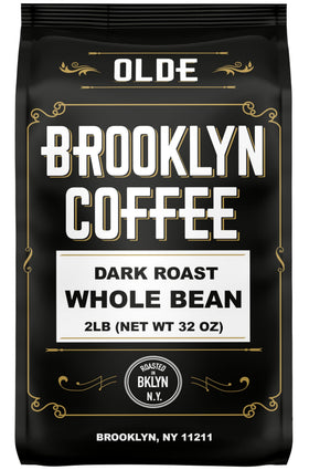 Olde Brooklyn Coffee dark roast whole bean 2lb bag with rich aroma