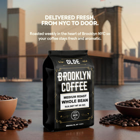 Olde Brooklyn Coffee classic medium roast beans steaming for fresh brew