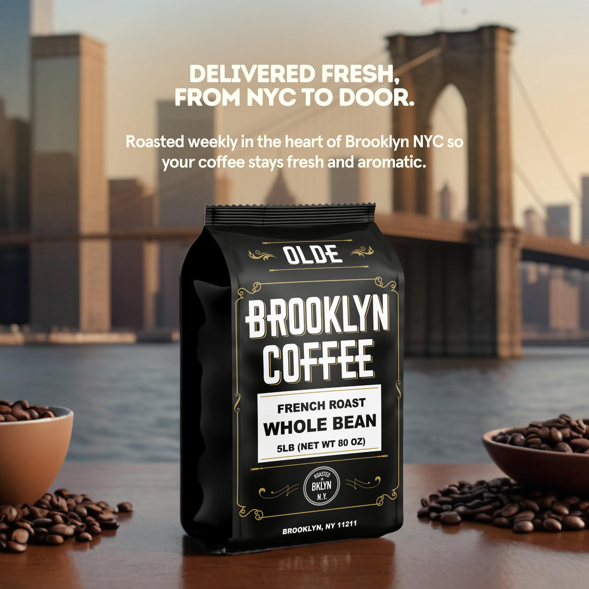 Olde Brooklyn Coffee French Dark Roast whole beans, freshly roasted for peak aroma.