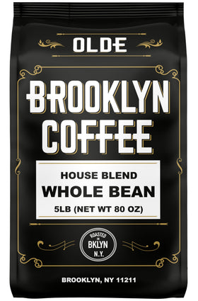 OLDE BROOKLYN COFFEE House Blend whole bean pack ready for daily brewing.