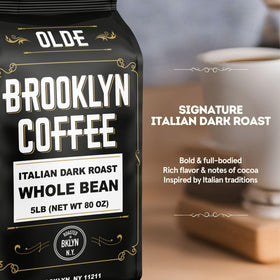 Olde Brooklyn Coffee Italian Dark Roast bag packaging highlights freshness with a valve seal.
