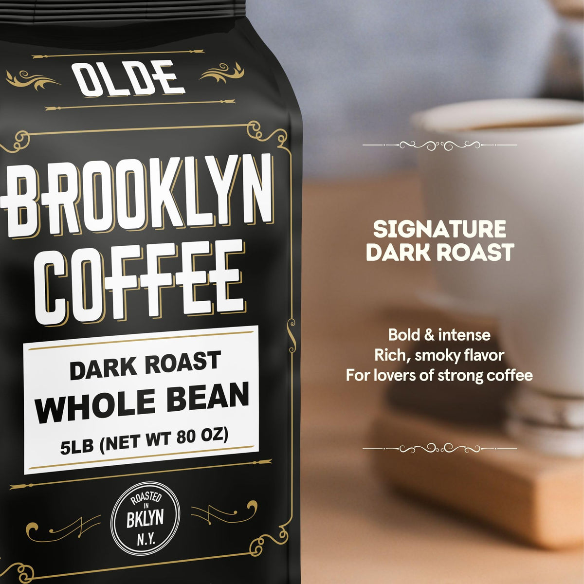 Olde Brooklyn Coffee whole-bean closeup highlights aroma and roast depth.