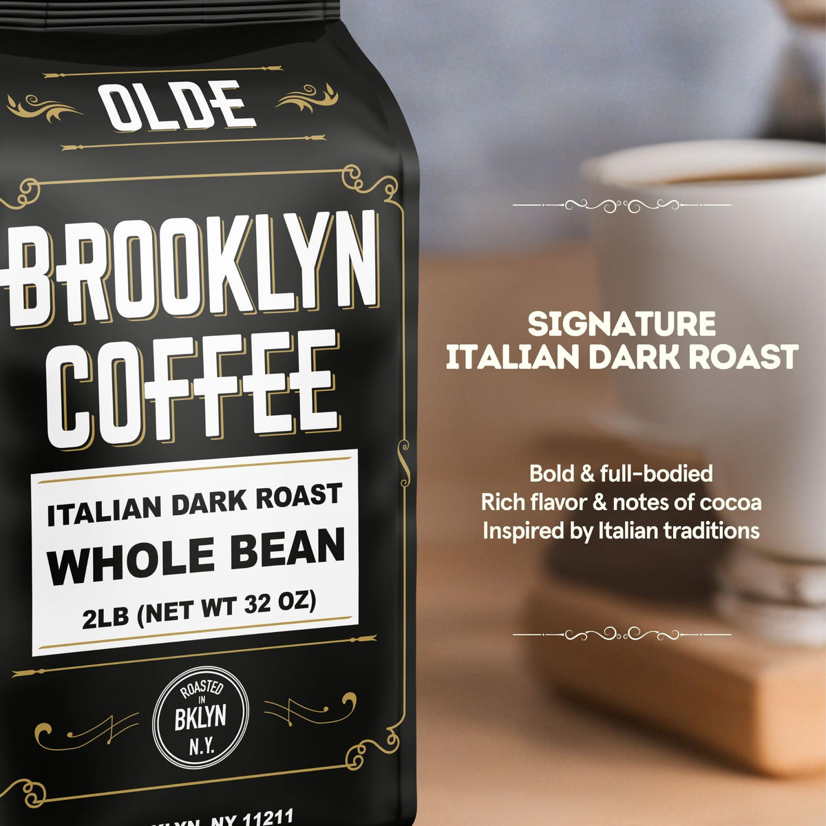 OLDE BROOKLYN COFFEE whole bean bag ready for fresh grind