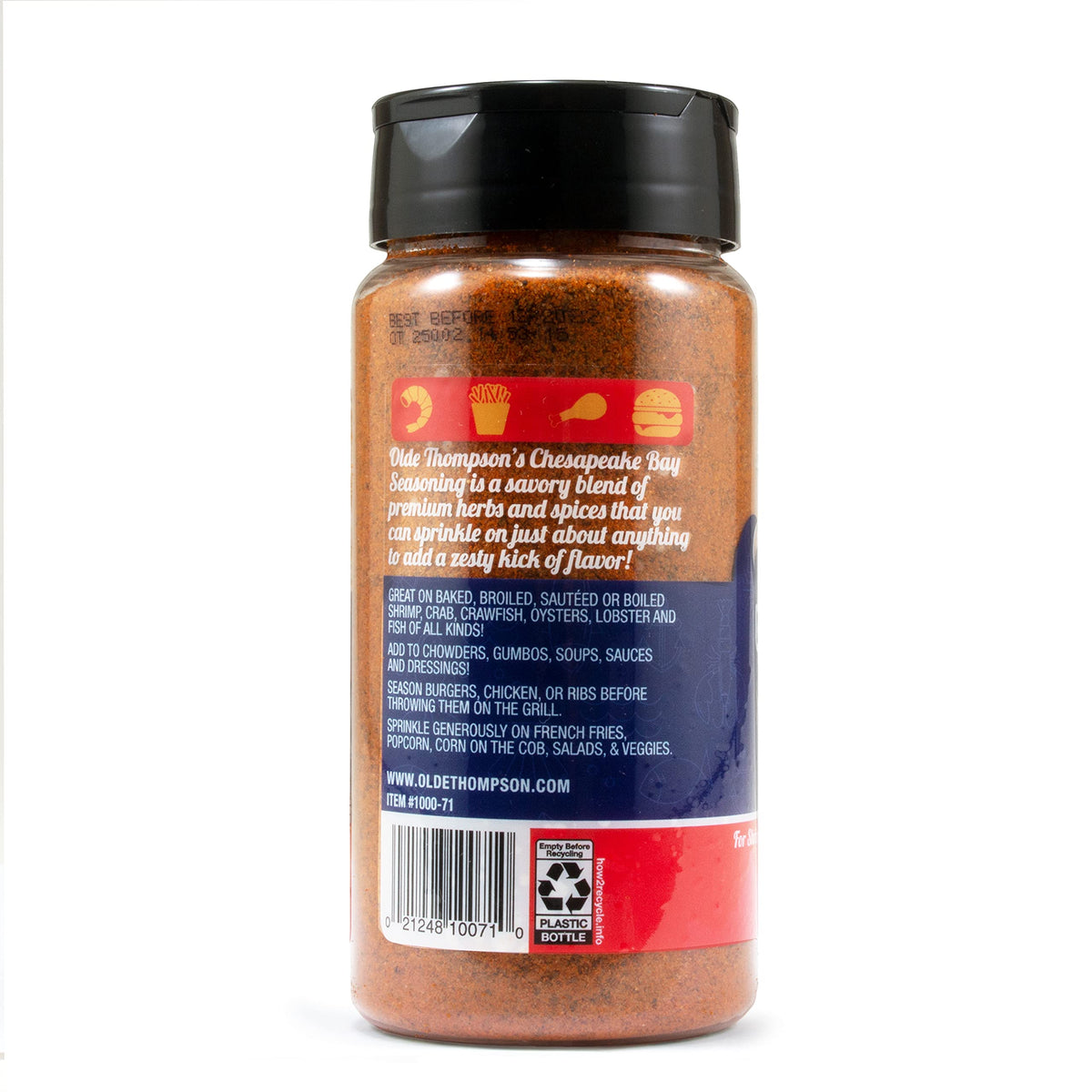 Olde Thompson Chesapeake Bay Seasoning shaker on the counter ready for seafood