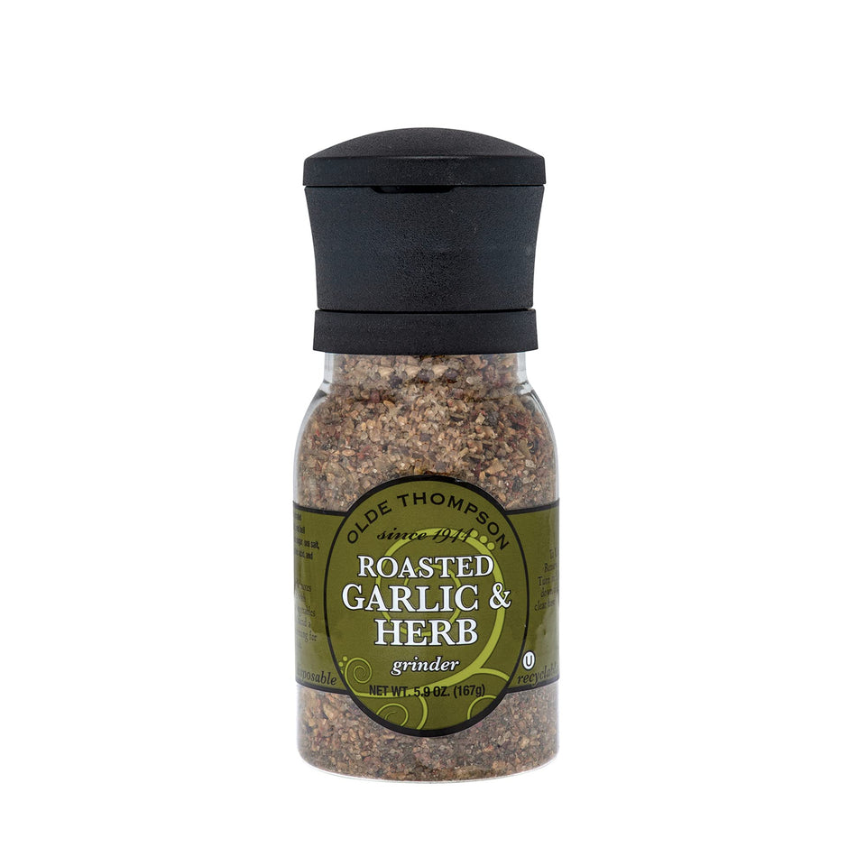 Olde Thompson roasted garlic and herb grinder delivers bold aroma to meals.