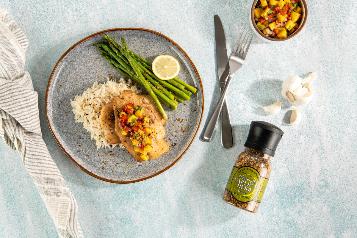 Olde Thompson salt and spice blend bottle adds savory depth to roasts.