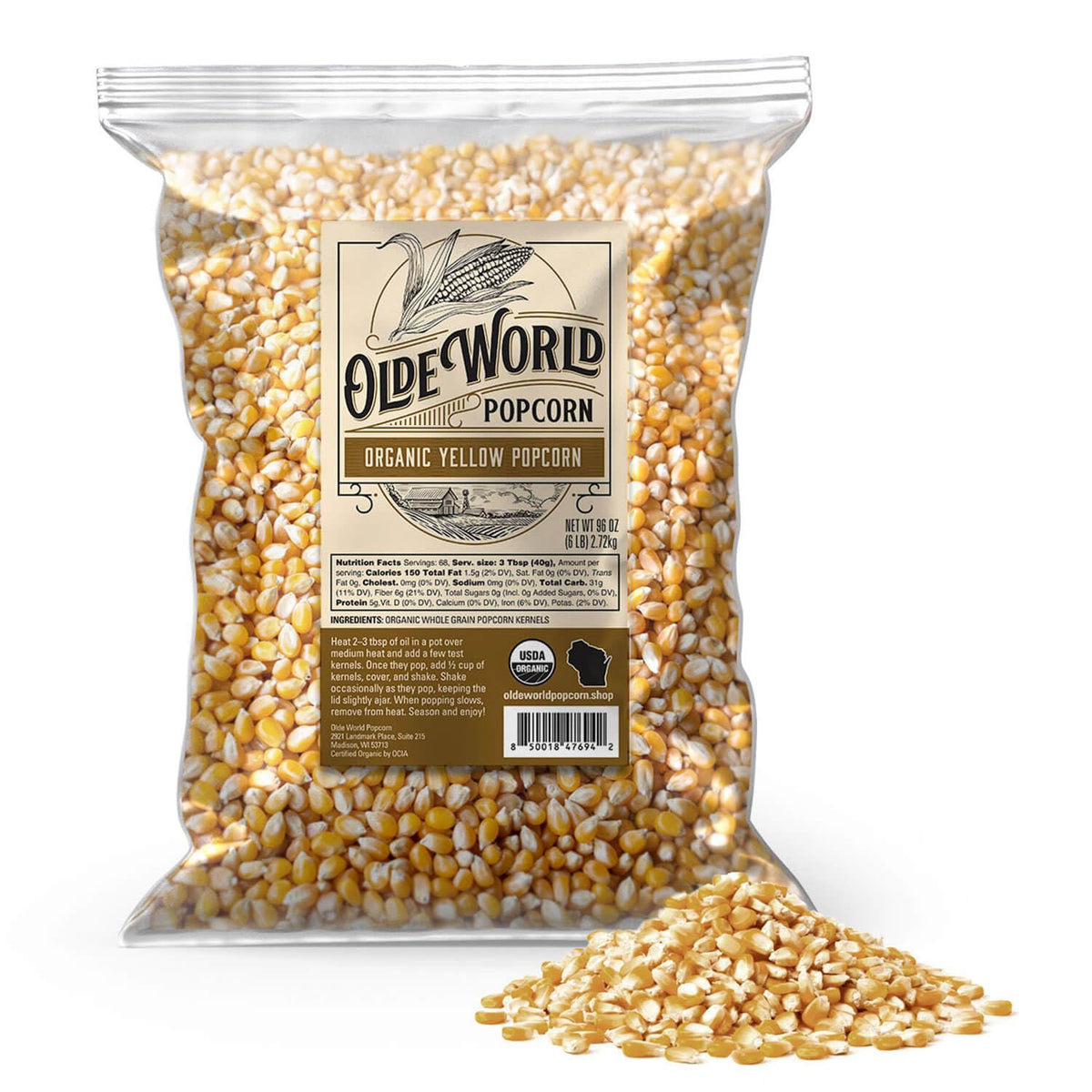 Olde World Popcorn branding on organic bag for clean, convenient snacking at home