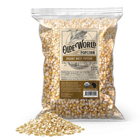 Olde World Popcorn organic white kernels bag showing clean ingredients for snack time