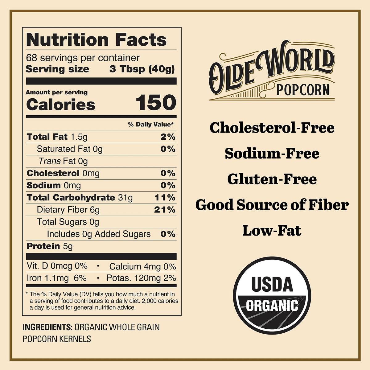 Olde World Popcorn label from a Wisconsin regenerative-farm emphasizing sustainable farming