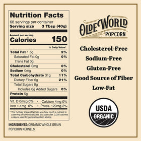 Olde World Popcorn label from a Wisconsin regenerative-farm emphasizing sustainable farming