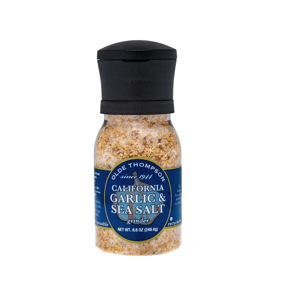 Olde Thompson California Garlic and Sea Salt Grinder front view for easy seasoning