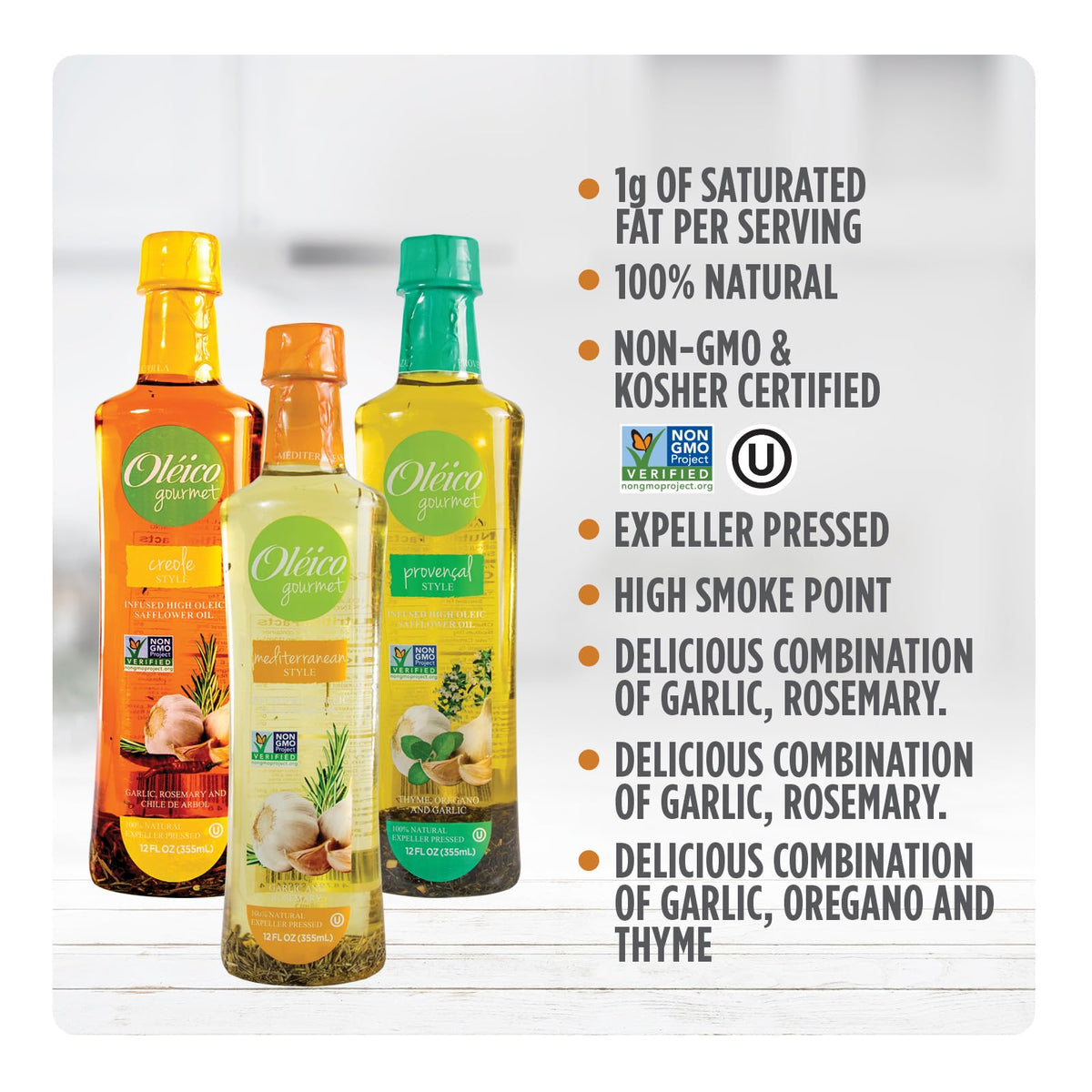 Oleico Gourmet kitchen scene with oil-dressed dish illustrating versatile use across styles