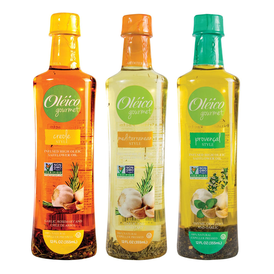 Oleico Gourmet Provencal-style safflower oil bottle highlighting thyme and oregano for finishing dishes