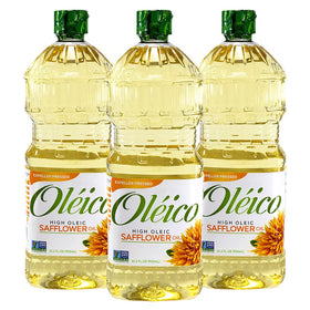 Oleico high oleic safflower oil bottle closeup highlighting neutral flavor and vitamin E