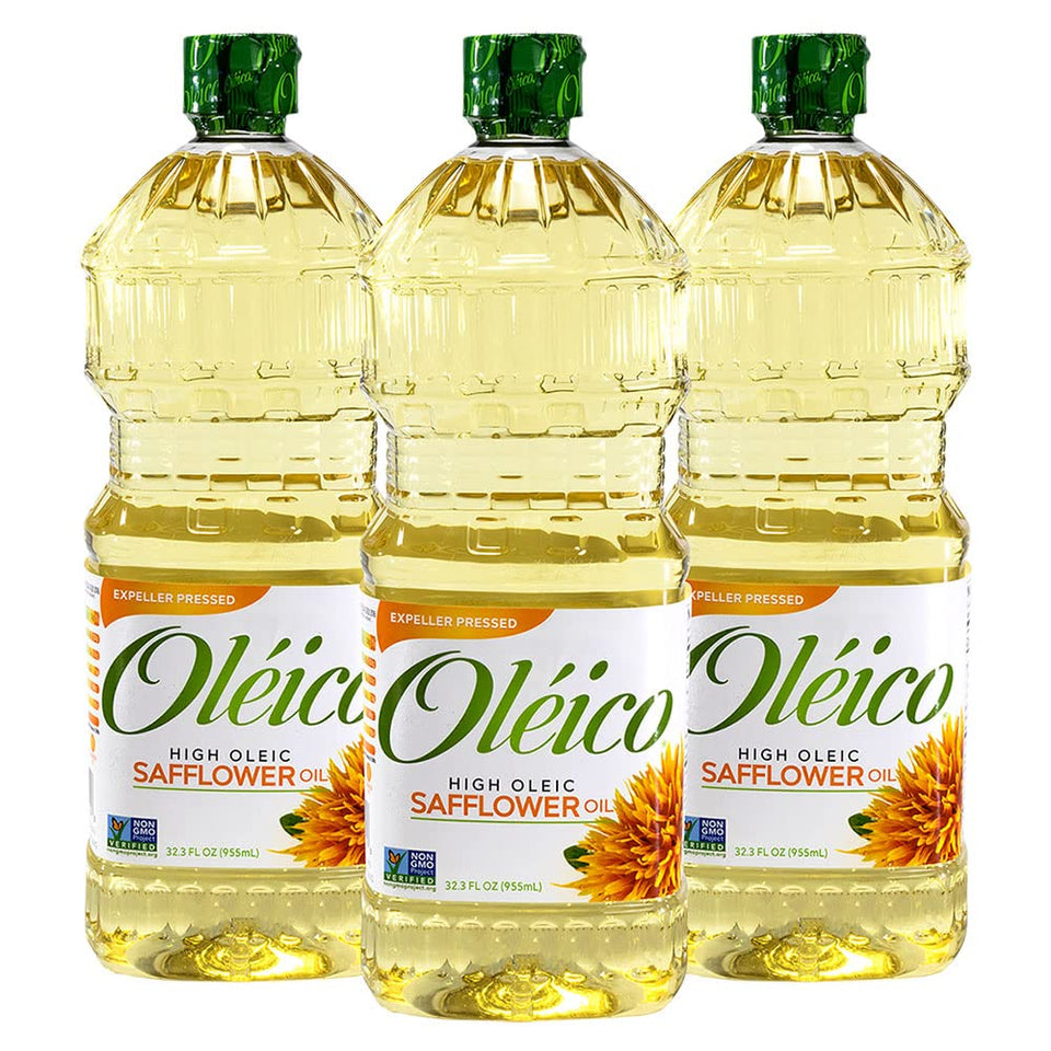 Oleico high oleic safflower oil bottle closeup highlighting neutral flavor and vitamin E