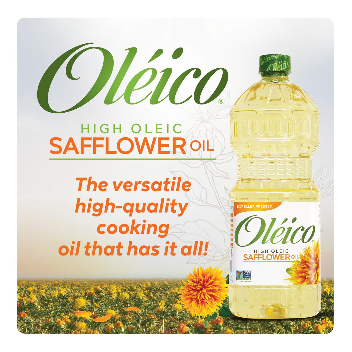 Oleico safflower oil pack back view showing non-GMO and Kosher verification