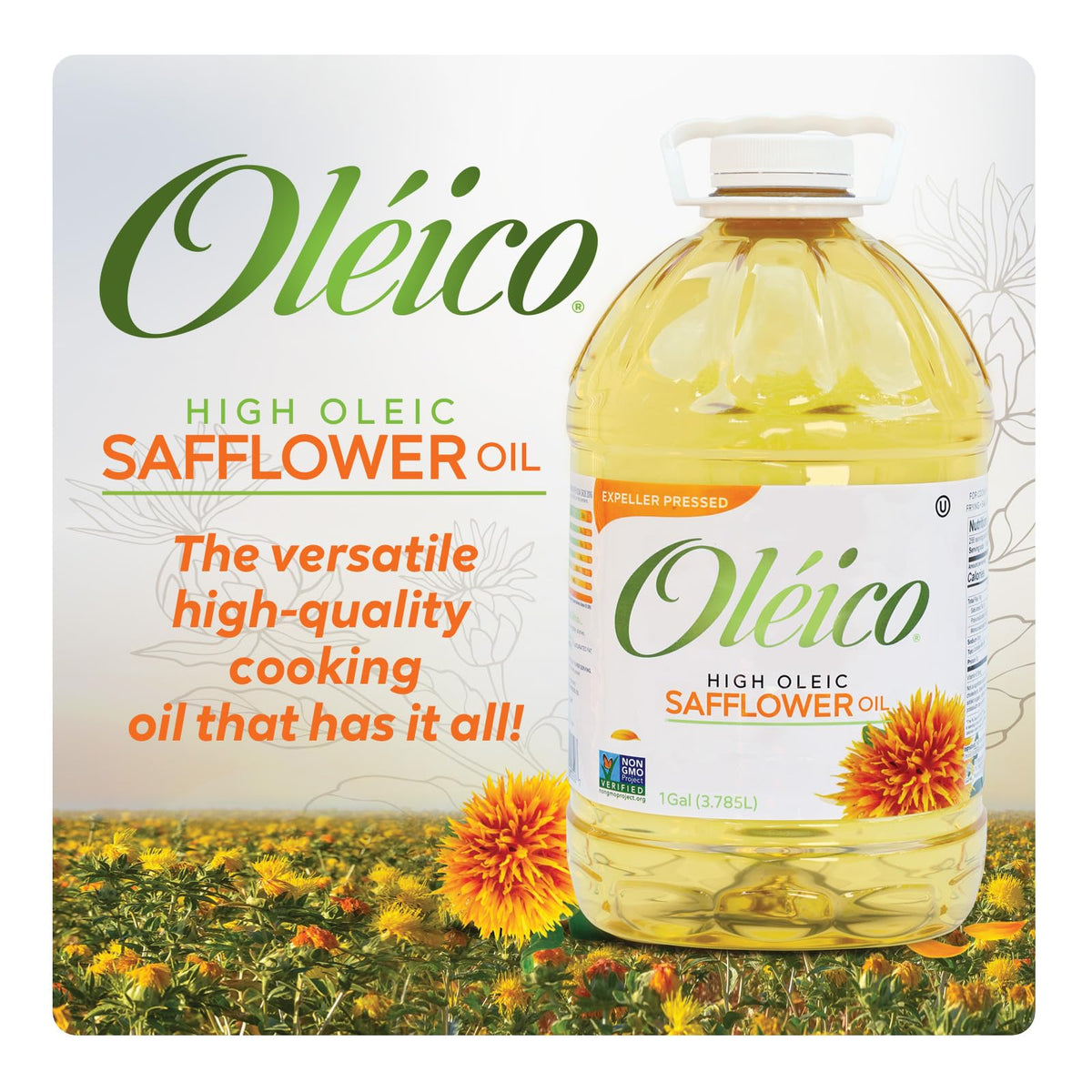 Oleico safflower oil pour shows smooth stream for sautéing.