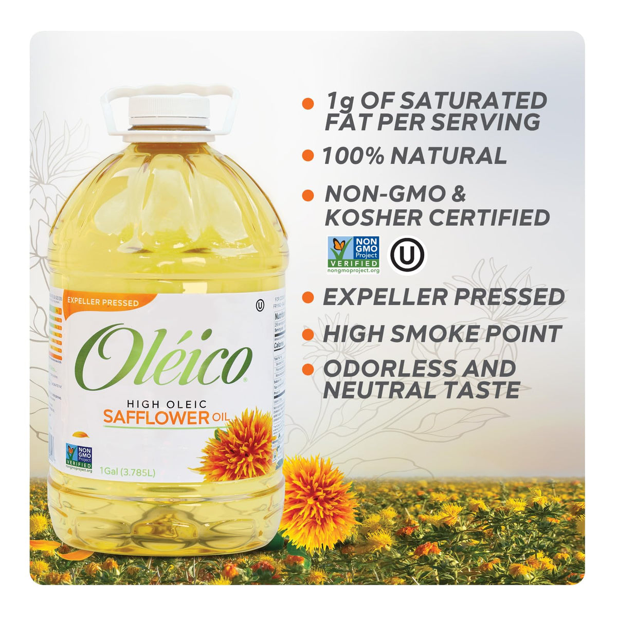 Oleico safflower oil label notes non-GMO and Kosher certification.